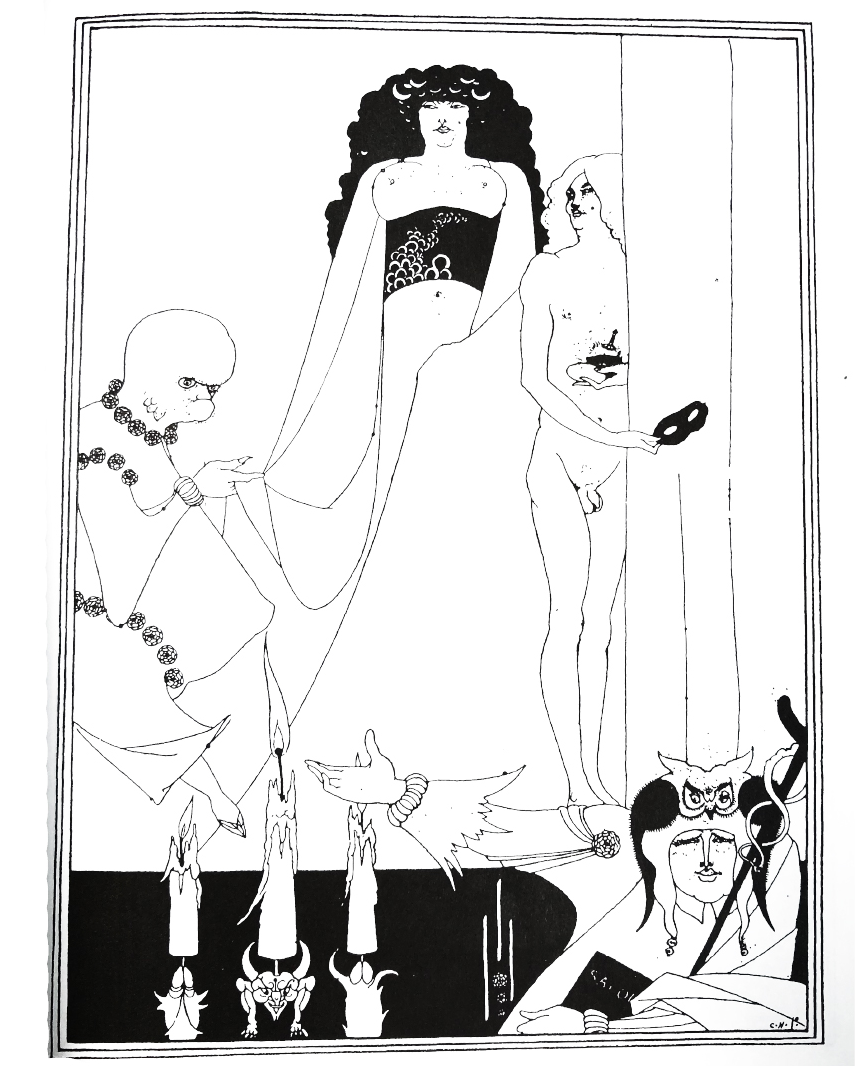 art deco illustration of two naked trans women, a tall one slightly covering her genital wiht a curtain wearing a corset with her breasts out, and a fully naked one thats shorter standing next to her. They are being attended to by an odd looking alien-like figure and a jester that stairs at the viewer